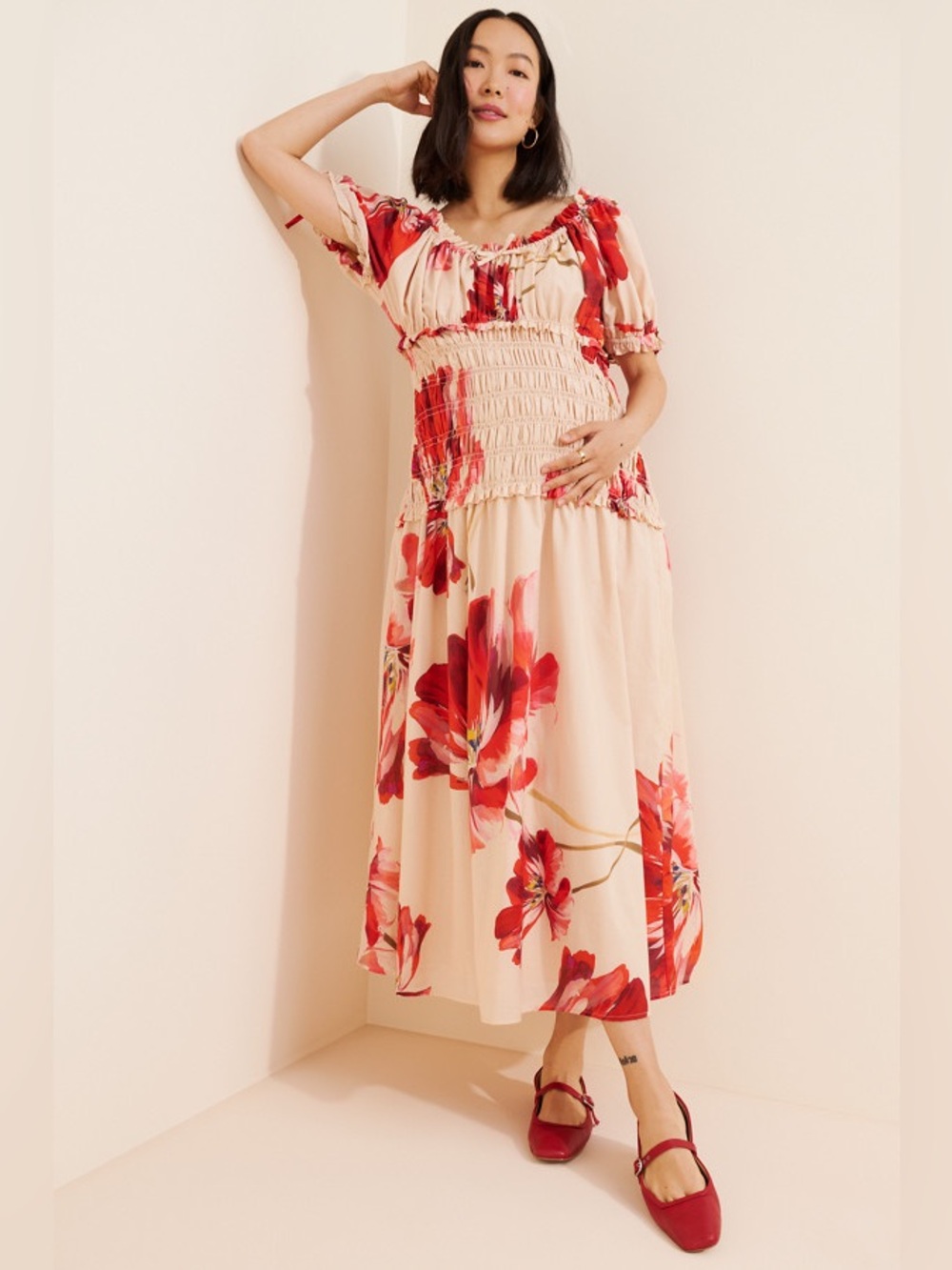 Hutch Maternity Puff Sleeve Smocked Dress Floral Maxi Large Sundress